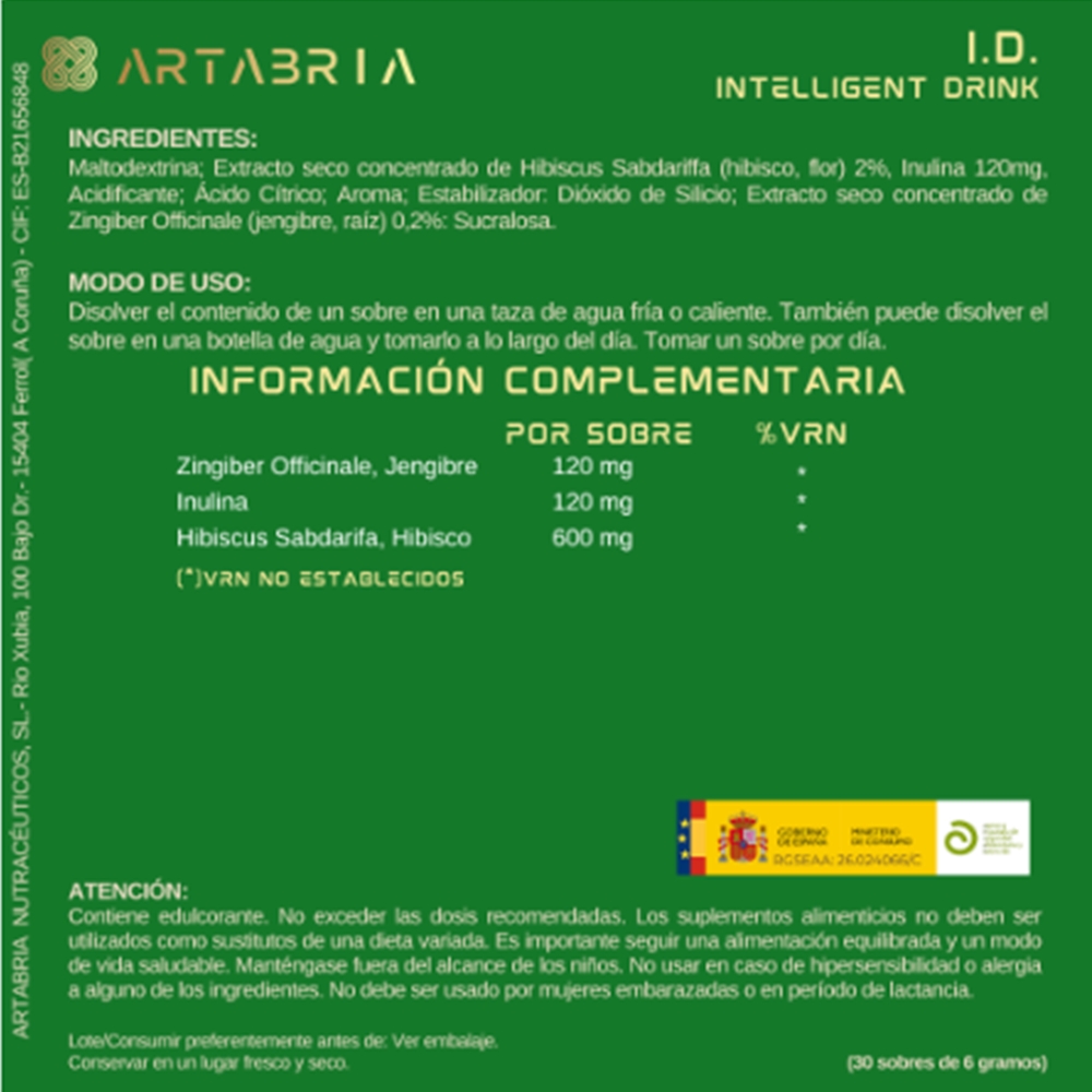 ARTABRIA Intelligent Drink con Jengibre, Inulina e Hibisco – 30 Sobres