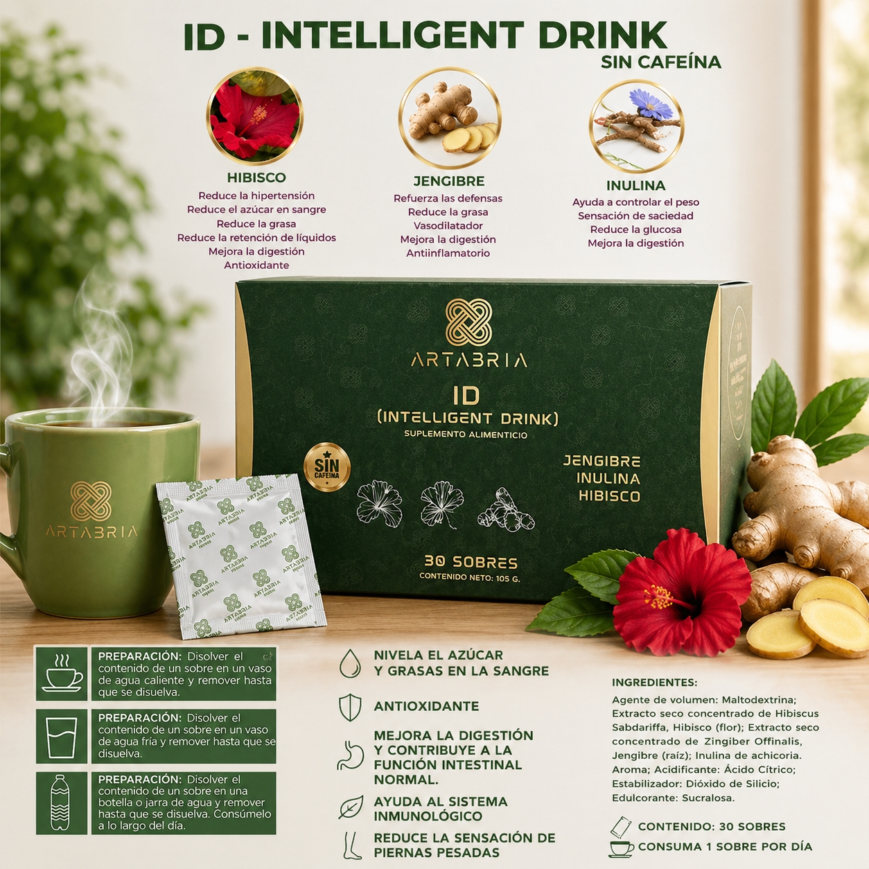 ARTABRIA Intelligent Drink con Jengibre, Inulina e Hibisco – 30 Sobres